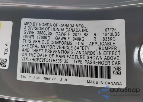 2026 Honda Civic Sport из США, поврежденный, VIN 2HGFE2F54TH506135